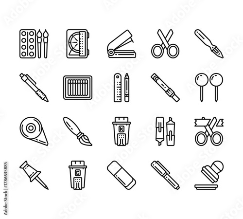 20 set of outline web stationery icons such as ruler, pen, cutter, push pin, eraser vector thin icons for report, presentation, diagram, web design, mobile app