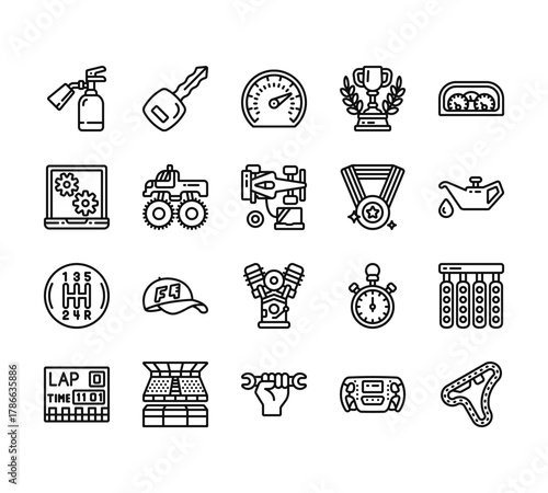 20 set of outline web motor sports icons such as car key, laptop, gear stick, lap, mechanic vector thin icons for report, presentation, diagram, web design, mobile app