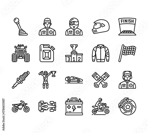 20 set of outline web motor sports icons such as racer, monster truck, spark plug, motocross, battery vector thin icons for report, presentation, diagram, web design, mobile app