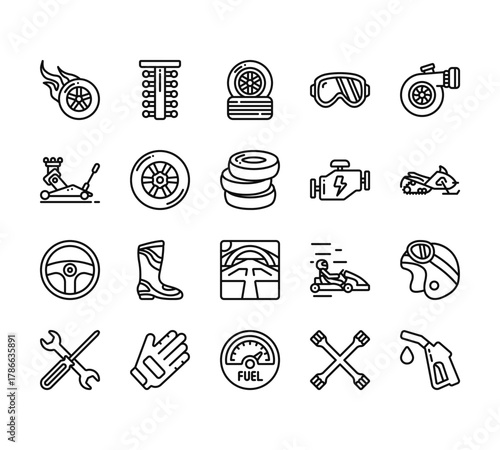 20 set of outline web motor sports icons such as lights, jack, steering wheel, tools, fuel vector thin icons for report, presentation, diagram, web design, mobile app