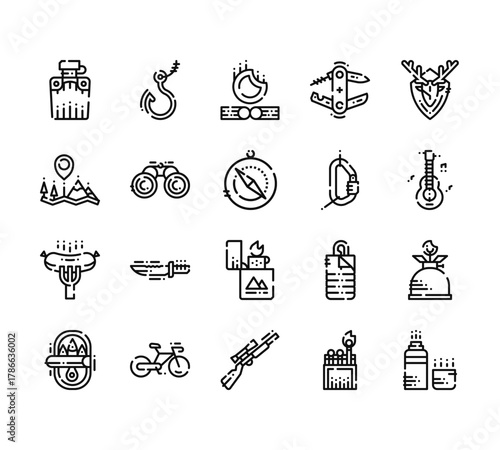 20 set of outline web camping icons such as hook, map, sausage, can, gun vector thin icons for report, presentation, diagram, web design, mobile app