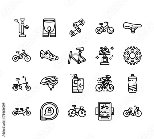 20 set of outline web bicycle icons such as pants, bicycle, bicycle, tandem, vector thin icons for report, presentation, diagram, web design, mobile app