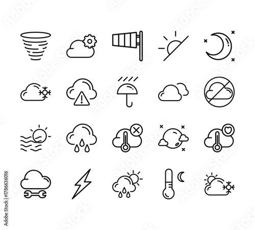 20 set of outline web weather icons such as cloud, snow, sun, cloud, rain vector thin icons for report, presentation, diagram, web design, mobile app