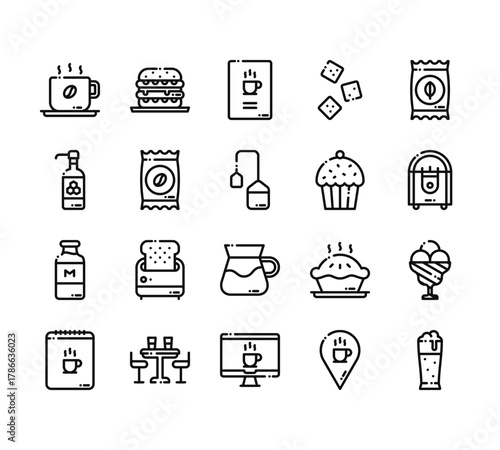 20 set of outline web cafe icons such as burger, honey, milk bottle, menu, monitor vector thin icons for report, presentation, diagram, web design, mobile app