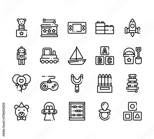 20 set of outline web children toys icons such as drums, robot, balloon, teddy bear, abacus vector thin icons for report, presentation, diagram, web design, mobile app