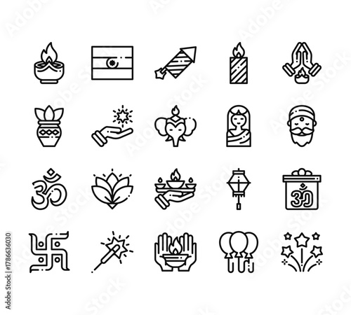 20 set of outline web diwali icons such as india, plant, om,  , hands vector thin icons for report, presentation, diagram, web design, mobile app