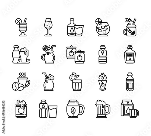 20 set of outline web beverage icons such as champagne,  , coffee, beer, tea vector thin icons for report, presentation, diagram, web design, mobile app