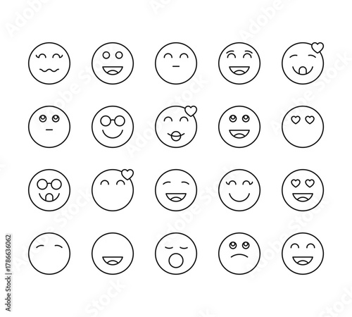 20 set of outline web emoji icons such as happy, shy, geek, happy, yawn vector thin icons for report, presentation, diagram, web design, mobile app