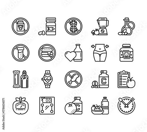 20 set of outline web diet and nutrition icons such as cod, medical, energy,  , vitamins vector thin icons for report, presentation, diagram, web design, mobile app