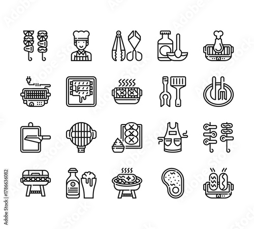 20 set of outline web and grill icons such as chef, electric grill, knife, portable grill, vector thin icons for report, presentation, diagram, web design, mobile app