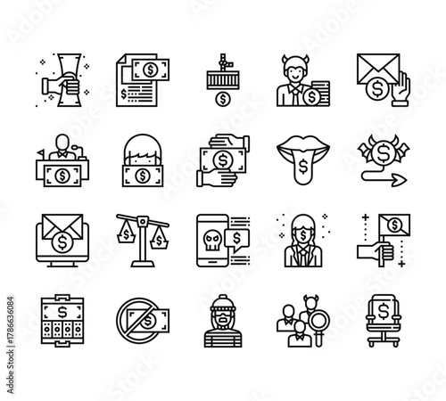 20 set of outline web corruption elements icons such as fraudulent, vote, blackmail, baggage, bandit vector thin icons for report, presentation, diagram, web design, mobile app