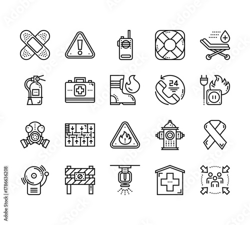 20 set of outline web emergency icons such as alert, fire extinguisher, gas mask, fire alarm, sprinkler vector thin icons for report, presentation, diagram, web design, mobile app