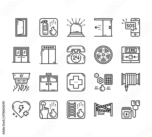 20 set of outline web emergency icons such as extinguisher, exit door, smoke detector, healthcare, fire ladder vector thin icons for report, presentation, diagram, web design, mobile app