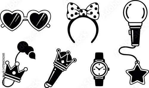 Collection of black and white fashion accessories vector with glasses microphone watch bow and crowns 