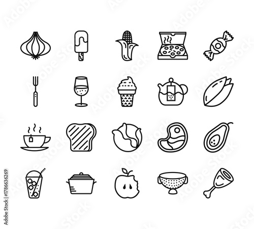 20 set of outline web gastronomy collection icons such as ice cream, fork, tea, frappe,   vector thin icons for report, presentation, diagram, web design, mobile app