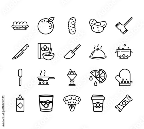 20 set of outline web gastronomy collection icons such as orange, knife, knife, mustard, cauliflower vector thin icons for report, presentation, diagram, web design, mobile app