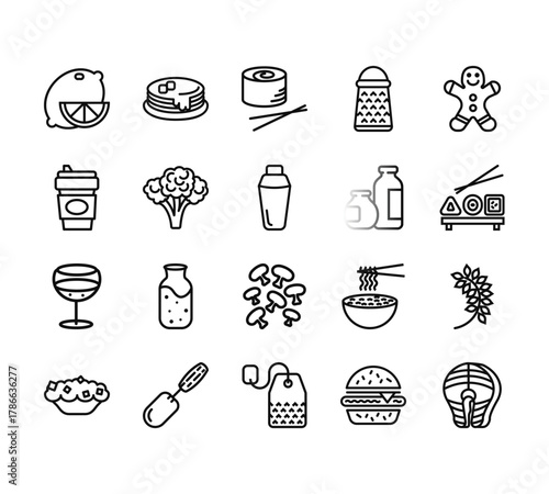 20 set of outline web gastronomy collection icons such as pancakes, coffee, glass, pie, tea vector thin icons for report, presentation, diagram, web design, mobile app