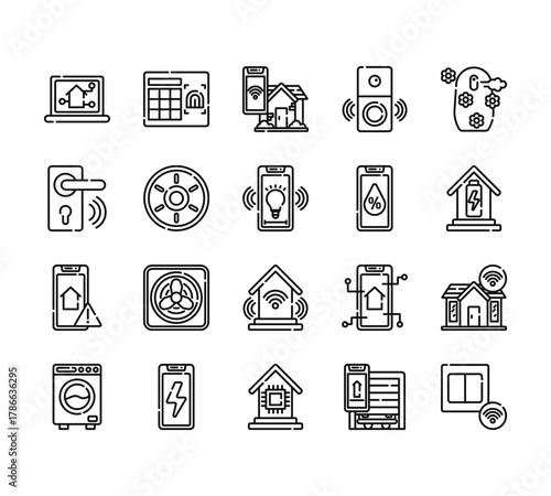 20 set of outline web smart home icons such as fingerprint, handle, warning, washing hine, smart home vector thin icons for report, presentation, diagram, web design, mobile app