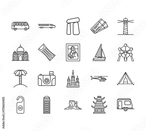 20 set of outline web travelling icons such as high speed train, taj mahal, palm on island, dont disturb, grand canyon vector thin icons for report, presentation, diagram, web design, mobile app