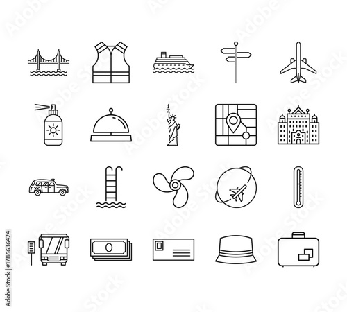 20 set of outline web travelling icons such as reflector vest, sun ointment, taxi facing right, bus front view with, letter with stamp vector thin icons for report, presentation, diagram, web