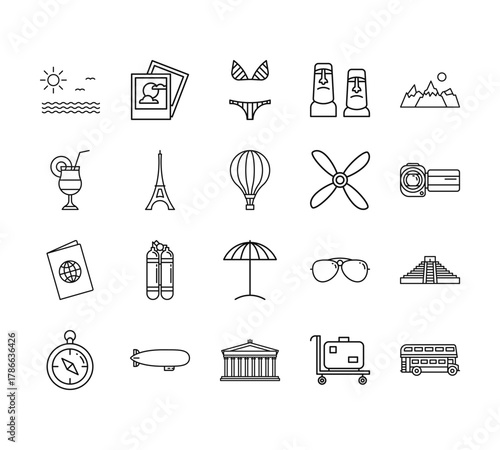 20 set of outline web travelling icons such as two, cocktail with straw, inclined passport, compass pointing, parthenon vector thin icons for report, presentation, diagram, web design, mobile app