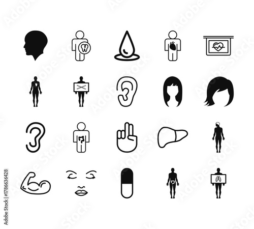 20 set of outline web body parts icons such as tooth human body part, human, ear, muscular arm, capsule black and white variant vector thin icons for report, presentation, diagram, web design,