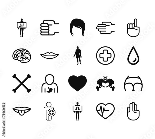 20 set of outline web body parts icons such as closed fist hand gesture, brain body organ, bones, mouth, ribs x rays vector thin icons for report, presentation, diagram, web design, mobile app