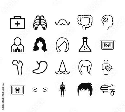 20 set of outline web body parts icons such as human ribs bones, lungs inside the human body, bone structure tip, bones x ray vision, human vector thin icons for report, presentation, diagram, web