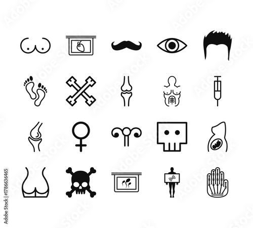 20 set of outline web body parts icons such as body organ with hair strands view on plate, footprints, kneecap, back part of the body showing butt area, image of sperm cells vector thin icons for