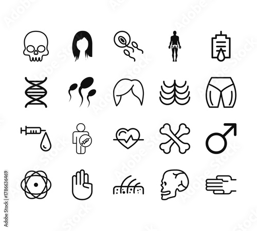 20 set of outline web body parts icons such as brunette female woman long hair, dna deoxyribonucleic acid, small syringe with large droplet of fluid, atom variant, skin layers with hair follicles
