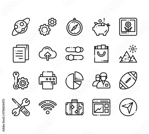 20 set of outline web tab bar and settings icons such as tings, copy, ting, tings, travel vector thin icons for report, presentation, diagram, web design, mobile app