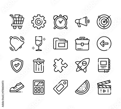 20 set of outline web tab bar and settings icons such as tings, bell, shield, walk, tag vector thin icons for report, presentation, diagram, web design, mobile app