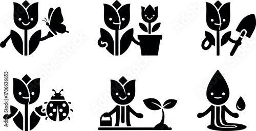Tulip flower gardening icons with tools and insects vector set 