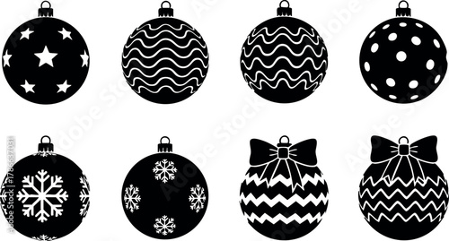Christmas tree ornaments set with star snowflake and bow patterns vector illustration 
