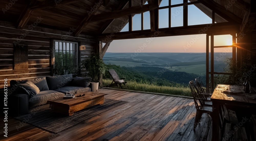 Fototapeta premium Large open living room with a wooden floor and a view of the mountains. The room is filled with furniture