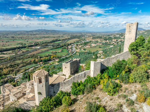 Aerial view of Pissignano: A Beautifully Restored Medieval Hilltop Hamlet in Umbria, Home to the Ancient Temple of Clitumnus