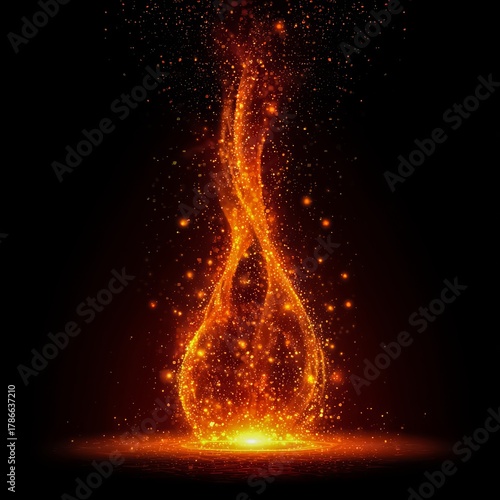 Glowing orange flame with a wavy shape. The flame is surrounded by a lot of sparkles
