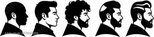 Male Profile Silhouettes Diverse Hairstyles Beard Styles Vector Illustration 