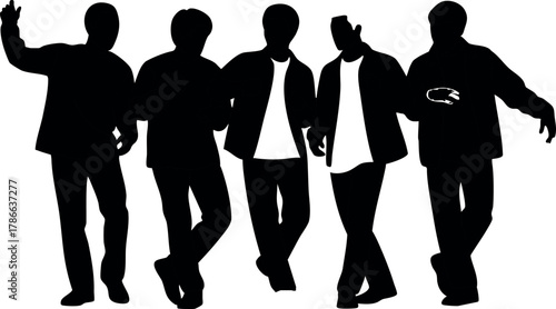 Group of five friends dancing silhouette vector illustration for leisure and lifestyle activities 