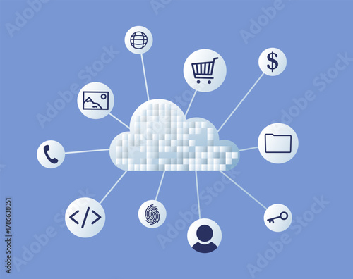 Cloud software concept. Business network. ERP (Enterprise Resources Planning). AWS, cloude computing and server. End point data security cloud server computer management. Vector
