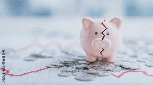 Broken Piggy Bank with Coins and Declining crisis Market