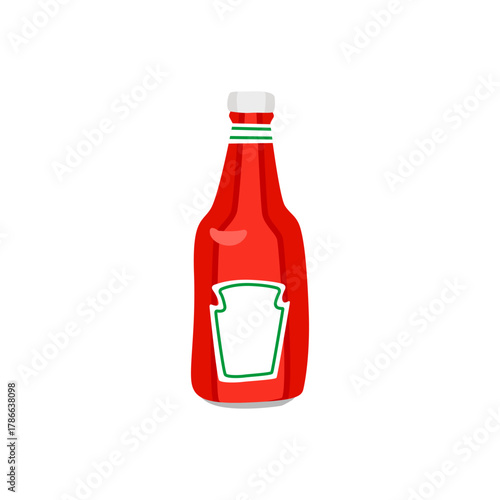 Tomato Ketchup Bottle Illustration – Red Condiment Packaging with Blank Label on White Background