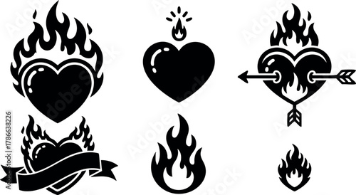 Heart and flame icons vector set with arrow and ribbon design black silhouette 