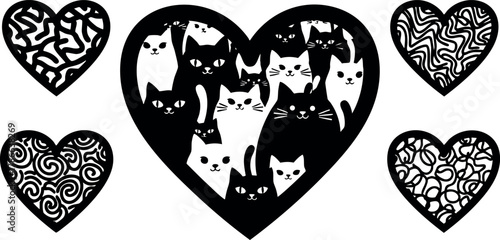 Heart shaped designs featuring multiple cats and decorative patterns in black and white vector illustration 