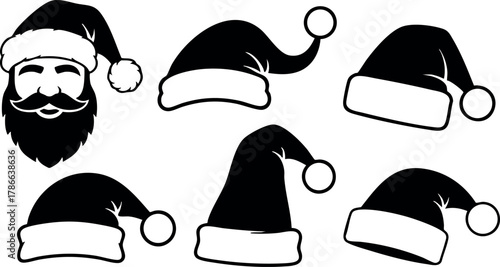 Santa hats and bearded man festive Christmas vector illustration collection black and white 