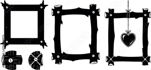 Rustic wooden frames with heart pendant and flower decoration vector illustration 