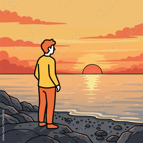 Man Contemplates Sunset on Shoreline in Graphic Style