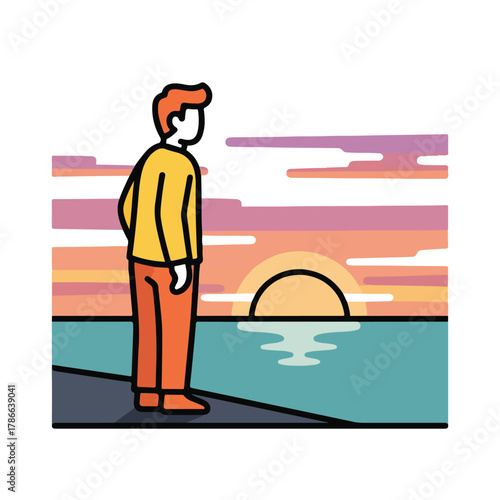 Man Contemplates Sunset on Pier Illustration