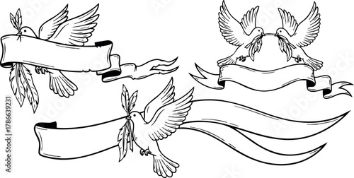 Flying doves holding blank ribbons vintage style illustration set with decorative banners vector 