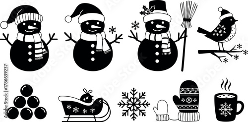 Black and white snowmen with winter accessories and Christmas holiday symbols vector illustration 